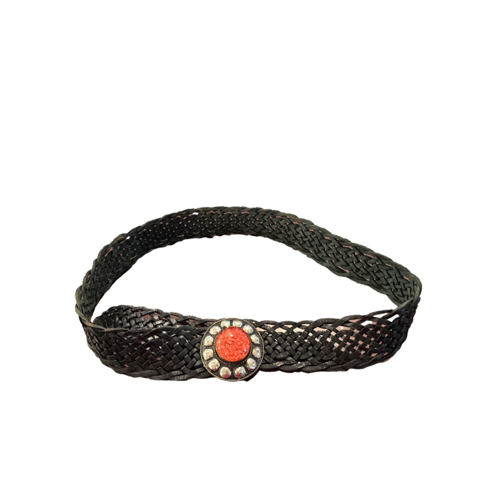 Handmade Braided Leather Belt Black Ornate Red Stone Buckle 45”
